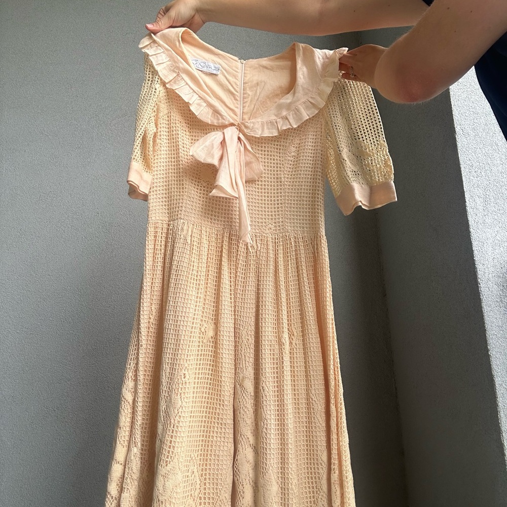 Peach Lace Dress with Ruffle Collar